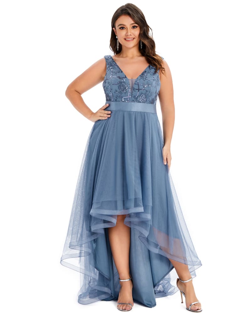 Sleeveless v back high low navy blue dress clearance